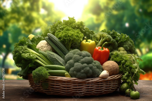 Fresh organic bio vegetables in a wicker basket on a blurred green background. Harvesting. Harvest and healthy food concept.Generative AI