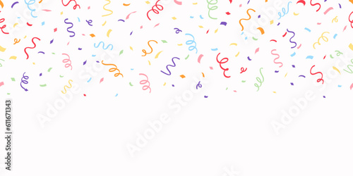 Ribbon confetti seamless border frame for birthday party, congratulate celebration, holiday decoration, happy anniversary card, poster, banner.