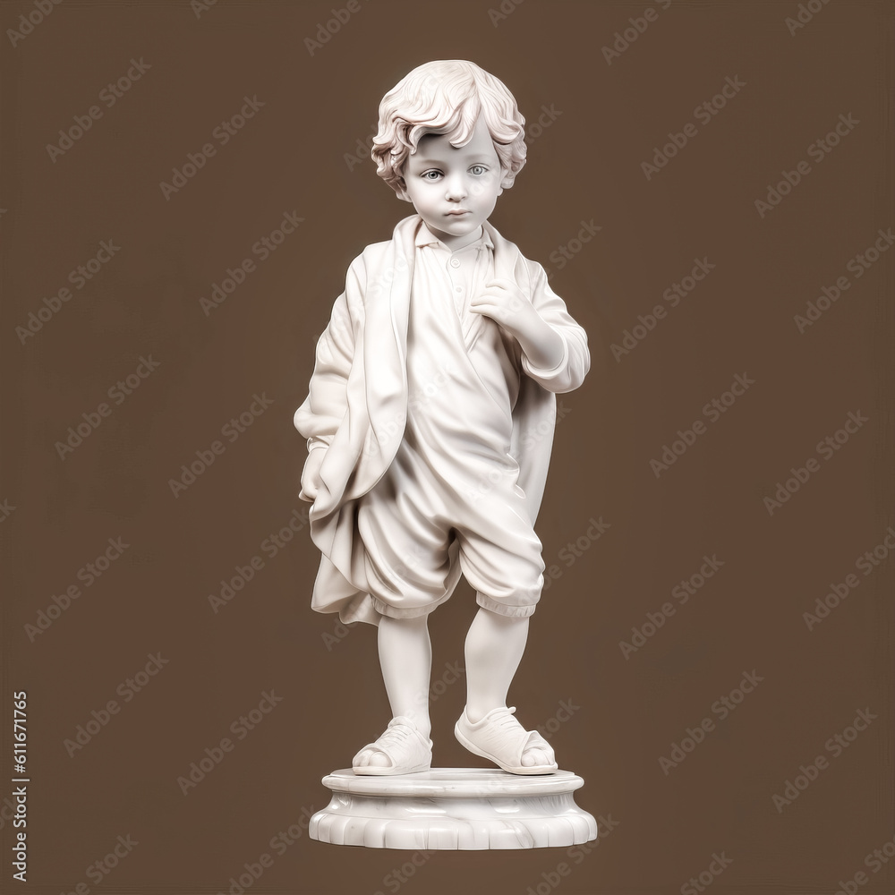 A sculpted statue of a young boy in white marble stands atop a pedestal