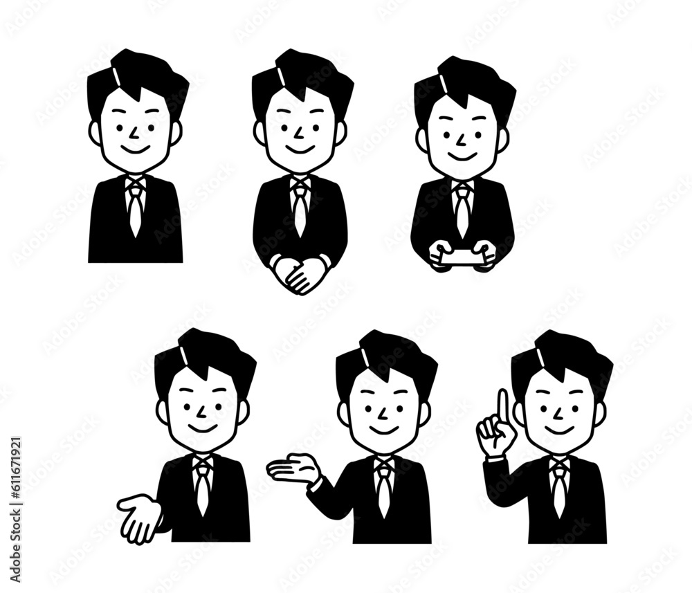 スーツ姿の男性上半身イラスト、ビジネス向けのシンプルな白黒イラスト素材