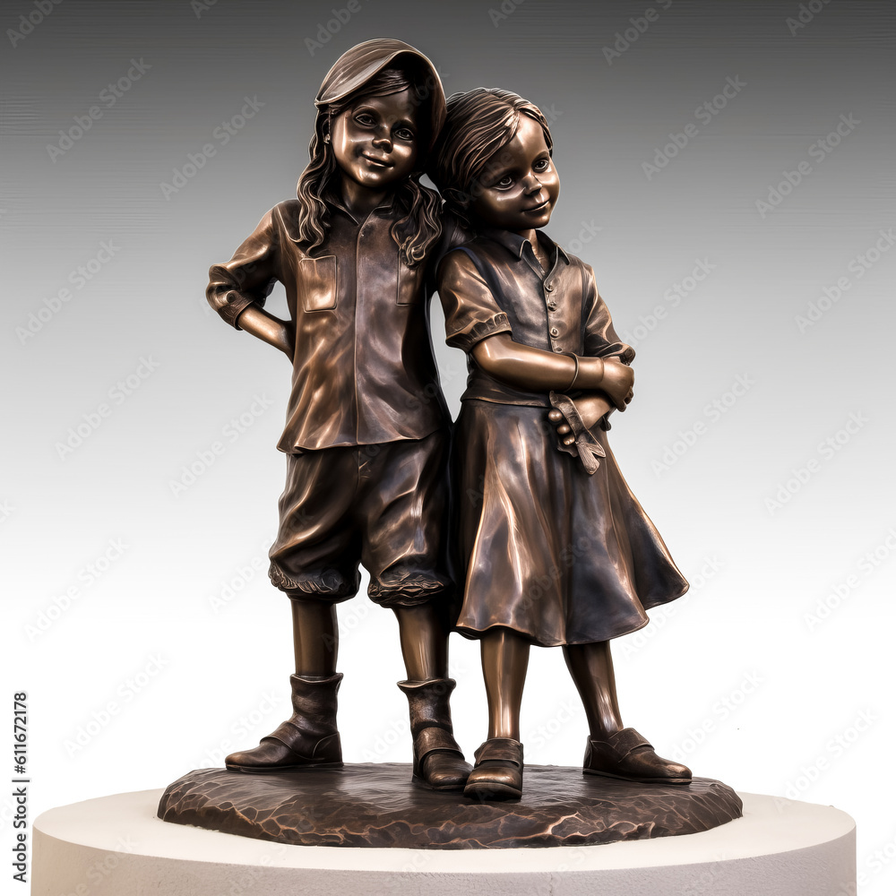 A statue of a boy and girl, hand in hand, standing atop a pile of books - generative ai.