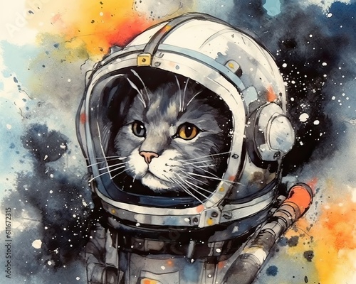 art cat in space . dreamlike background with cat . Hand Drawn Style illustration . Beautiful cat in outer space  