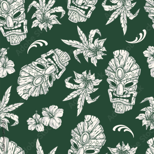 Tiki totems monochrome seamless pattern
