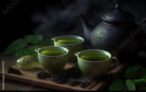 tea sets, green tea bowl, teapot and tea cups on a dark background - generative ai