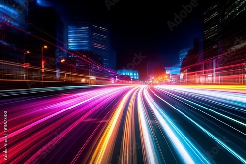 Vibrant City Light Trails in Motion: A Colorful Background, Generative AI.