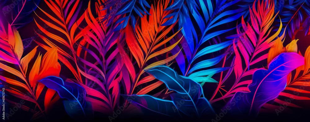 natural abstraction background banner leaves neon colors. Generative AI