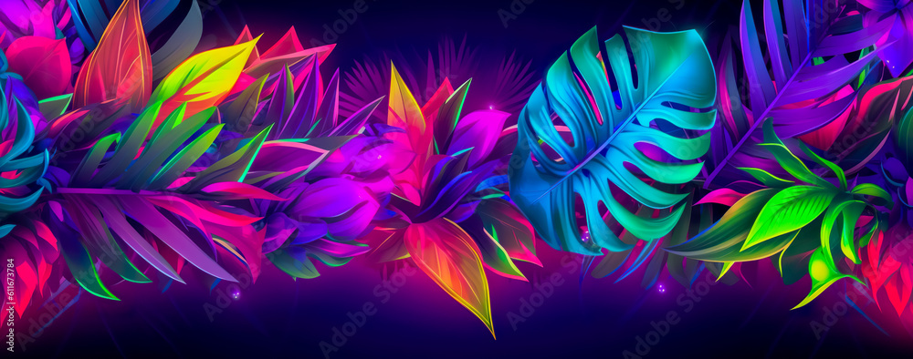 natural abstraction background banner leaves neon colors. Generative AI natural abstraction background banner leaves neon colors. Generative AI