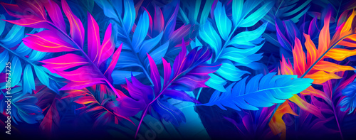 natural abstraction background banner leaves neon colors. Generative AI