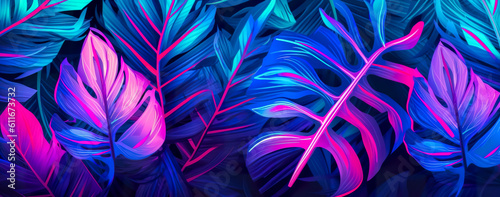 natural abstraction background banner leaves neon colors. Generative AI