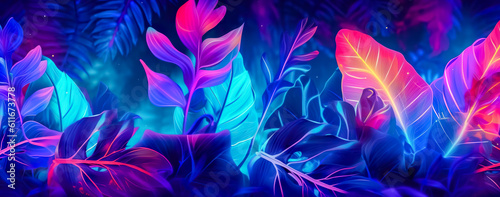 natural abstraction background banner leaves neon colors. Generative AI