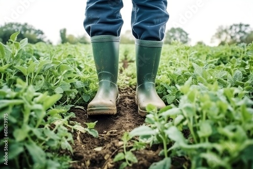 Farmer's Feet in Rubber Boots Close Up. Generative AI