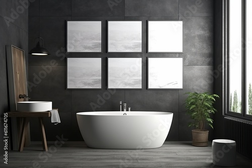 Mockup of Health and Hygiene-themed Bathroom with White Bathtub and Dark Gray Tiles  Adorned with Three Posters  Generative AI.