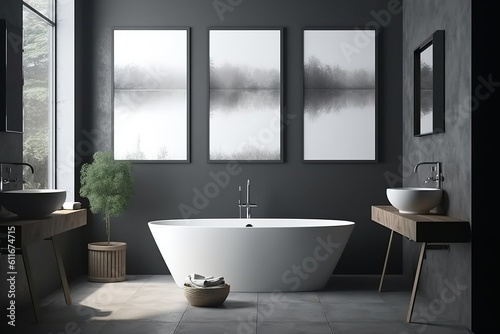 Mockup of Health and Hygiene-themed Bathroom with White Bathtub and Dark Gray Tiles  Adorned with Three Posters  Generative AI.