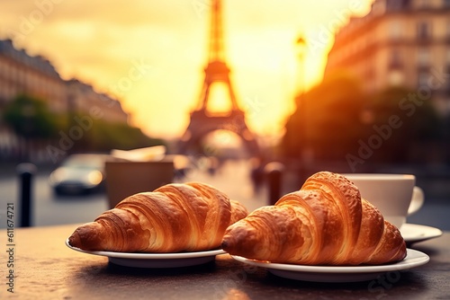 Indulge in the Delightful Flavors of French Croissants with a Romantic View of the Eiffel Tower in Paris, Generative AI.