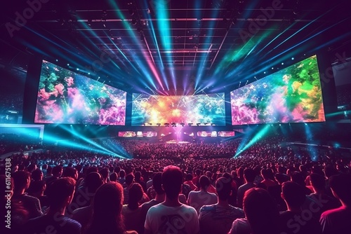 Vibrant Esports Arena: A Thrilling Gaming, Enlivened by Fans and Dazzling Lights. Players Battle on a Grand Stage the Game Displayed Screen., Generative AI.