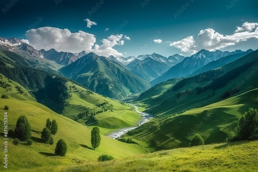 Stunning Summer Views of Georgia's Majestic Mountains: A Breathtaking Alpine Meadow in Svaneti Valley with Lush Green Grasslands, Generative AI.