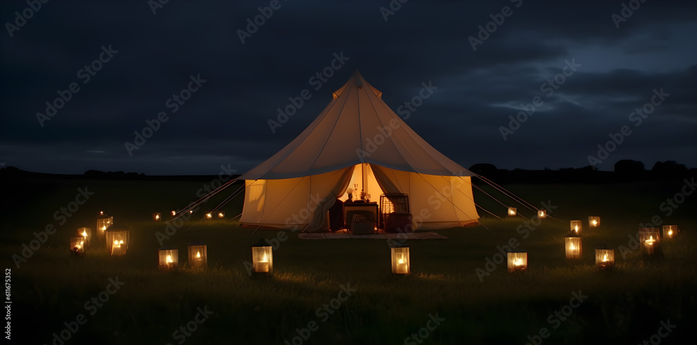 a tent lit up at dusk in a field, in the style of luxurious interiors - generative ai a tent lit up at dusk in a field, in the style of luxurious interiors - generative ai