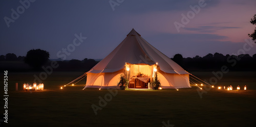 a tent lit up at dusk in a field  in the style of luxurious interiors - generative ai