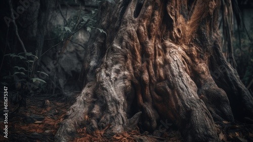  a large tree in the middle of a dark forest, surrounded by other trees and leaves on the ground The tree appears to be a strangler, with its trunk and branches rea photo