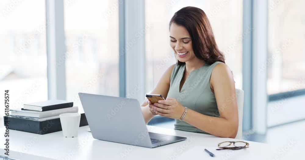 Phone, happy and business woman reading cellphone notification, app announcement and smile for message alert. Happiness, email and professional person typing, texting and contact smartphone user Phone, happy and business woman reading cellphone notification, app announcement and smile for message alert. Happiness, email and professional person typing, texting and contact smartphone user