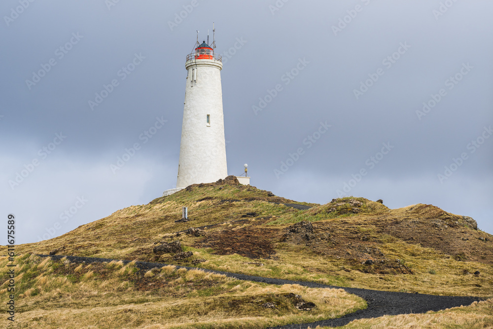 Lighthouse at Reykjanesbaer in Iceland in summer