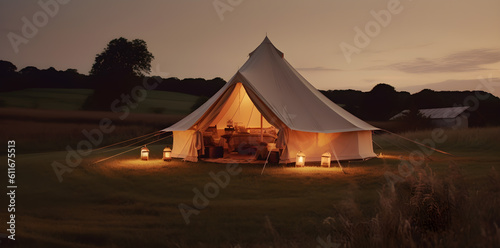 a tent lit up at dusk in a field, in the style of luxurious interiors - generative ai