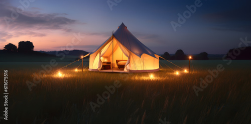 Fotografiet a tent lit up at dusk in a field, in the style of luxurious interiors - generati