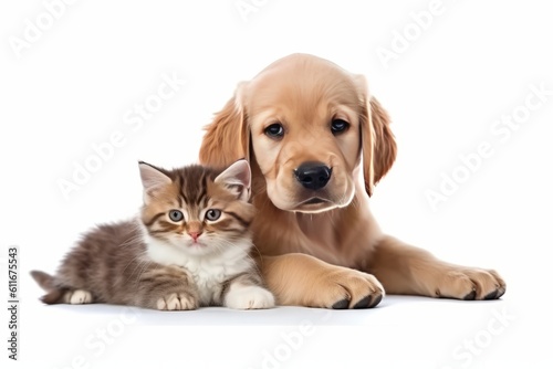 Adorable Golden Retriever Puppy and Cute Kitten Cuddling Together on a Transparent Background - PNG Image. Two Pups Enhanced with Post-Processing Techniques., Generative AI. © ParinApril