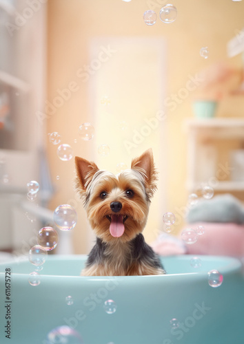 Cute Yorkshire Terrier dog in a small bathtub with soap foam and bubbles, cute pastel colors.