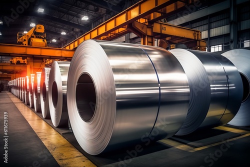 Massive Aluminum and Steel Rolls Being Processed in the Factory, Generative AI.