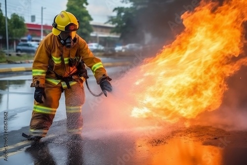 Firefighter Utilizing Water and Extinguisher. Generative AI