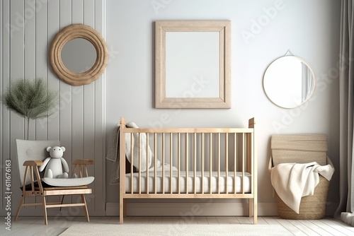 Natural Wood Furnishings in a Boy's Nursery: A Mock-Up Frame, Generative AI.