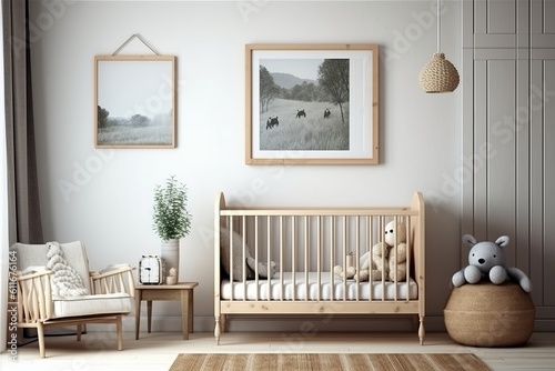 Natural Wood Furnishings in a Boy's Nursery: A Mock-Up Frame, Generative AI.