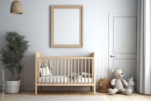 Natural Wood Furnishings in a Boy's Nursery: A Mock-Up Frame, Generative AI.
