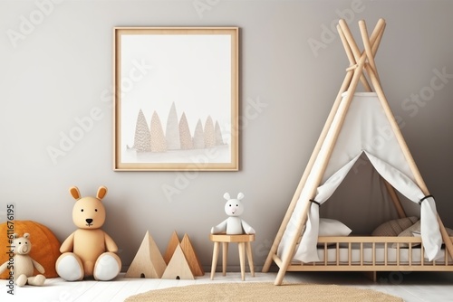 Natural Wood Furnishings Mock-Up Frame in a Playful Kids' Room, Generative AI.