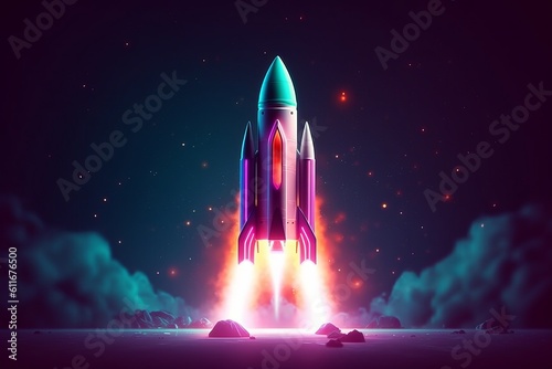 Neon-Lit Rocket Launch: A Visual Representation of Startup Innovation, Generative AI.