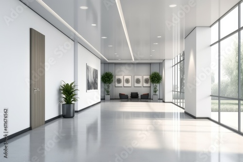 Mockup of Office Lobby with Dual Conference Rooms Flanking Central White Wall, Generative AI.