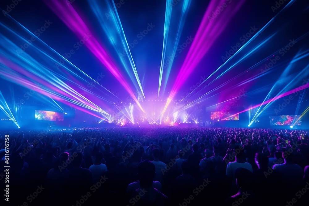 A Vibrant Panorama of Live Music Concert with Electrifying Light Show. the Thrill of EDM, Techno, or Rock Music Festival Performance., Generative AI. - obrazy, fototapety, plakaty 