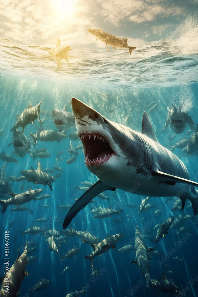 Obraz premium Gefährliche Haie im blauen tropischen Wasser