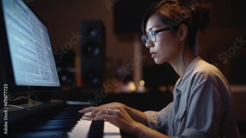 Music Composer Female Asian Middle-Aged Writing and arranging music scores for film, TV, or video games in Home studio. Generative AI AIG22.