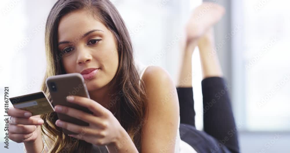 Phone, online shopping and woman with credit card relax for purchase, payment and banking. Ecommerce, bedroom and portrait of female person on smartphone for mobile app, internet and fintech on bed Phone, online shopping and woman with credit card relax for purchase, payment and banking. Ecommerce, bedroom and portrait of female person on smartphone for mobile app, internet and fintech on bed