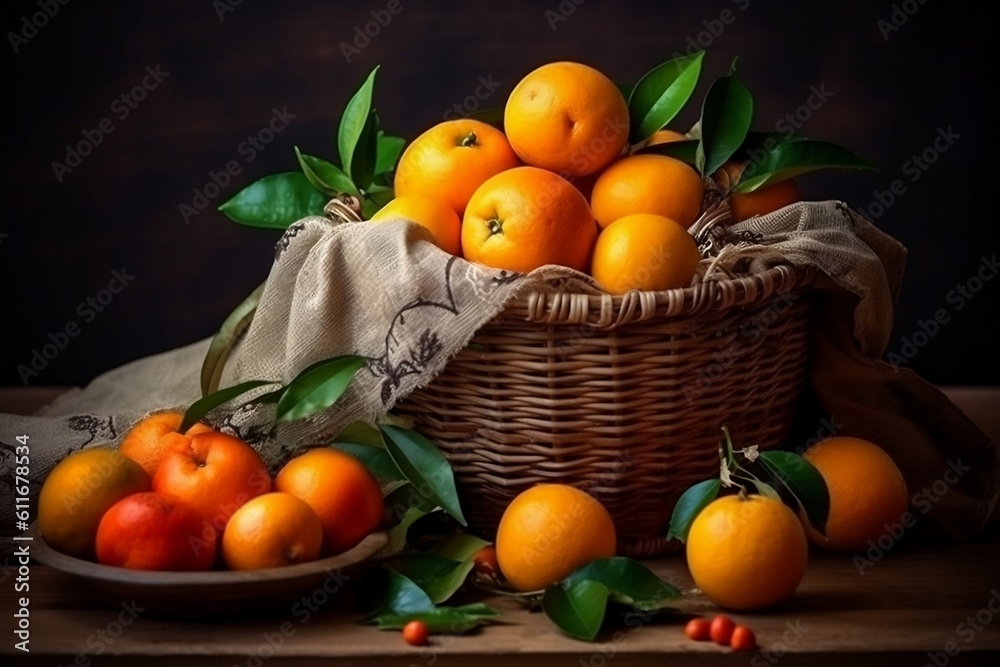 Tangerines and Assorted Fruits in a Still Life. Generative AI
