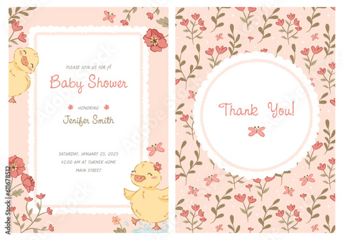 CUTE DUCK - Baby Shower greeting card with Ducks for girl, kids, baby. Semless pattern and vactor cliparts. Kawaii ducks. Temlate for fabric, textile, wrapping, wallpaper, background, paper crafts