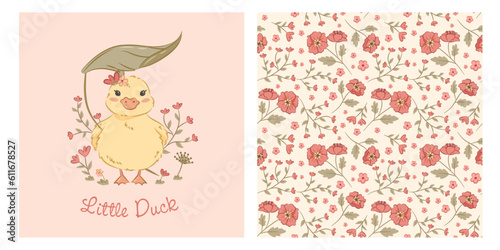 Cute Duck - Little Duck Vector Illustration with Pattern: For Paper crafts, Textile, Invitation Cards, Birthday, fabric, wrapping, home decor, baby and kid room, wallpaper, background, apparel