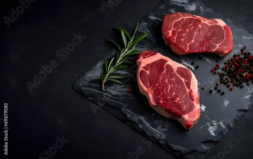 steaks set on black background with spices, in the style of farm security administration aesthetics - generative ai