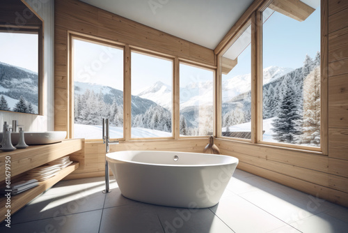 Stylish contemporary room in a country chalet. Photorealistic illustration generative AI.
