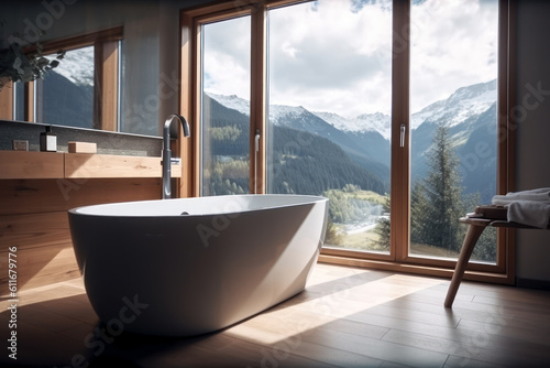 Stylish contemporary room in a mountain chalet. Photorealistic illustration generative AI.