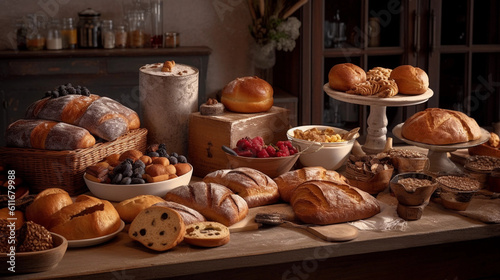 A table adorned with an assortment of freshly baked bread and pastries