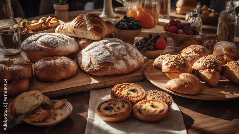 A table adorned with an assortment of freshly baked bread and pastries A table adorned with an assortment of freshly baked bread and pastries