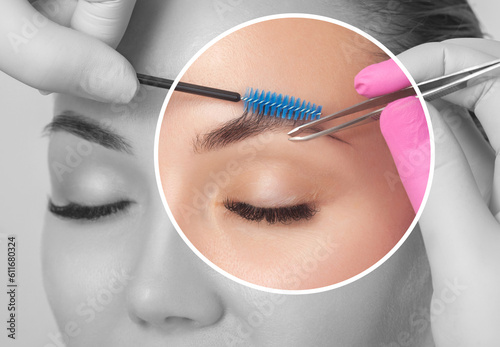 Make-up artist plucks eyebrows with tweezers to a woman before staining with henna.Makeup concept, eyebrow shape modeling and eyelash extensions.